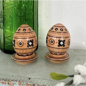 Vintage Hand-Painted Carved Easter Eggs Faux Wood Resin Brown Black Pysanky PAIR